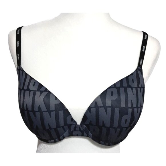 Victoria's Secret Pink Other - Victorias Secret Pink Black Logo Push-Up Bra Size 34D With Adjustable Straps